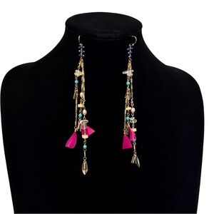 EXPRESS Boho Pink & Turquoise Tassel Beaded 4.5 Inch Long Earrings | NWT